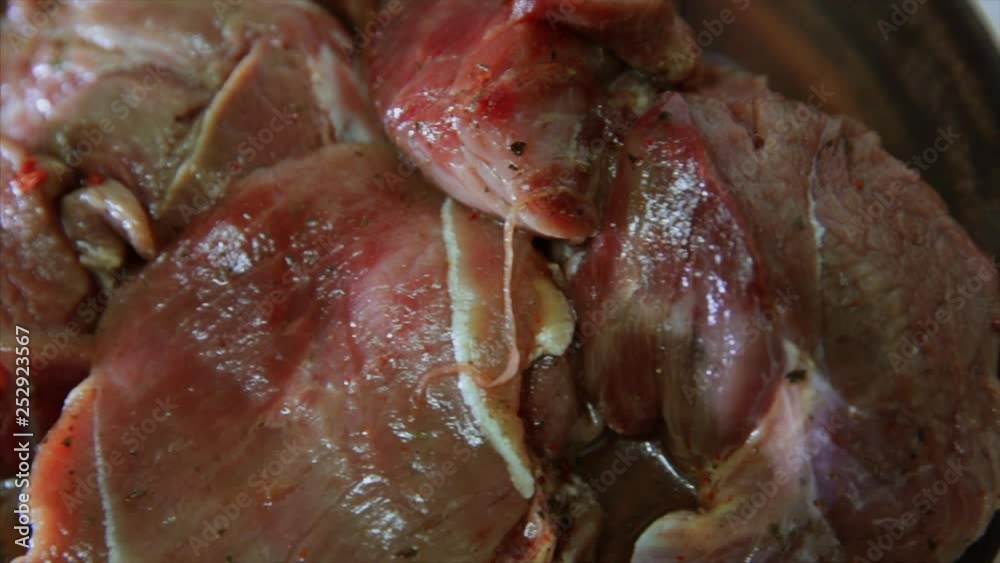 Fresh Raw marinated Meat in Price in a bowl. Macro shot