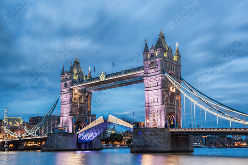 Famous Tower Bridge with open gate in the evening  London  England  UK