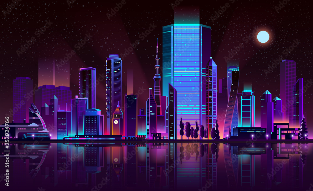 Future metropolis night landscape cartoon vector in fluorescent colors. Illuminated with neon glowing lights skyscrapers on seashore with city buildings reflections in bay calm water illustration