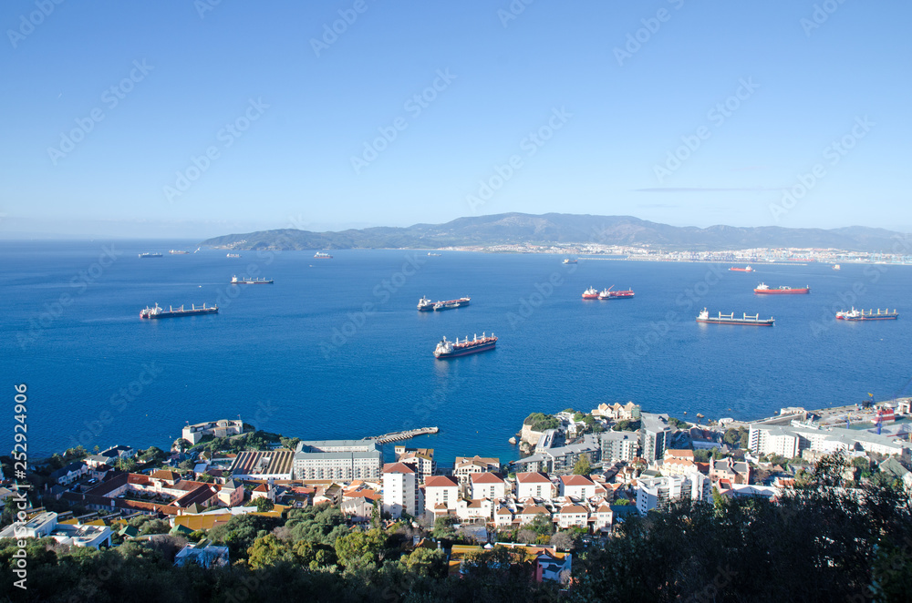 Bay of Gibraltar with lots of ships at anchor