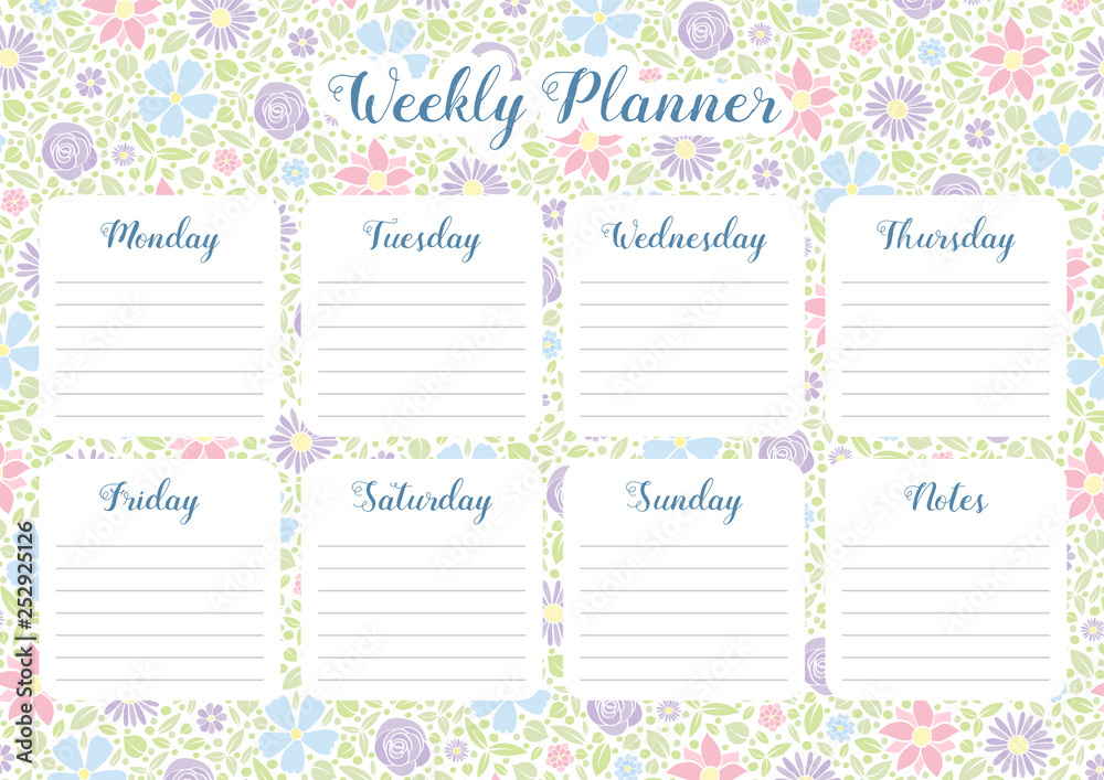 Weekly organizer - planner with floral background. Vector