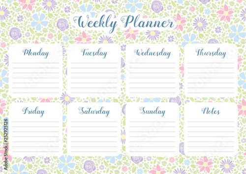 Weekly organizer - planner with floral background. Vector