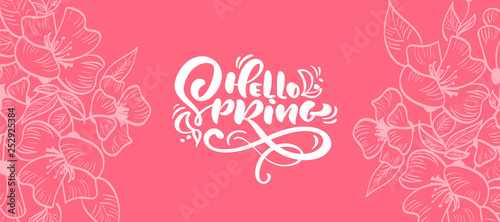 Vector floral frame for greeting card with text Hello Spring. Isolated flat banner scandinavian illustration on red background. Hand drawn nature design