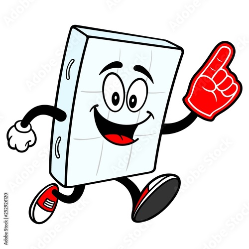 Bed Mattress Mascot running with Foam Hand - A vector cartoon illustration of a bedroom mattress mascot running with a Foam Hand.