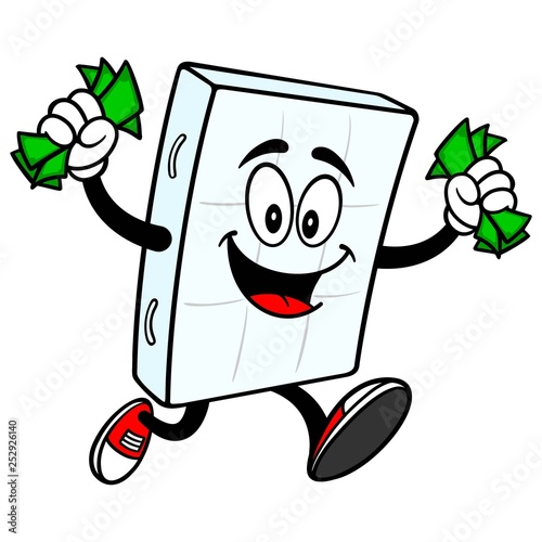 Bed Mattress Mascot running with Money - A vector cartoon illustration of a bedroom mattress mascot running with Money.