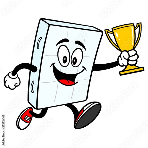 Bed Mattress Mascot running with a Trophy - A vector cartoon illustration of a bedroom mattress mascot running with a Trophy.