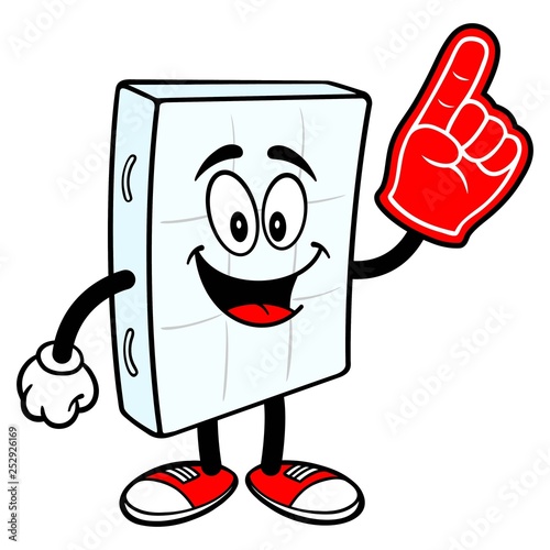 Bed Mattress Mascot with a Foam Finger - A vector cartoon illustration of a bedroom mattress mascot holding a Foam Finger.