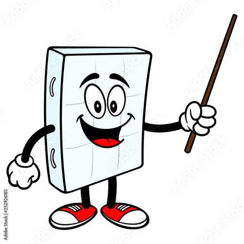 Bed Mattress Mascot with a Pointer - A vector cartoon illustration of a bedroom mattress mascot holding a Pointer stick.