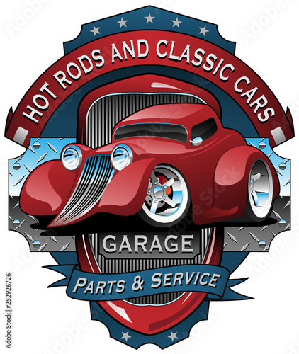 Hot Rods and Classic Cars Garage Vintage Sign Vector Illustration