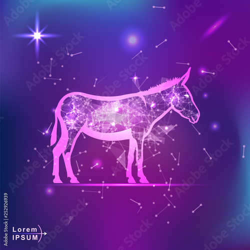 donkey. Polygonal wireframe donkey silhouette on gradient background. Space, futuristic, zodiac concept. Shine neon style vector illustration