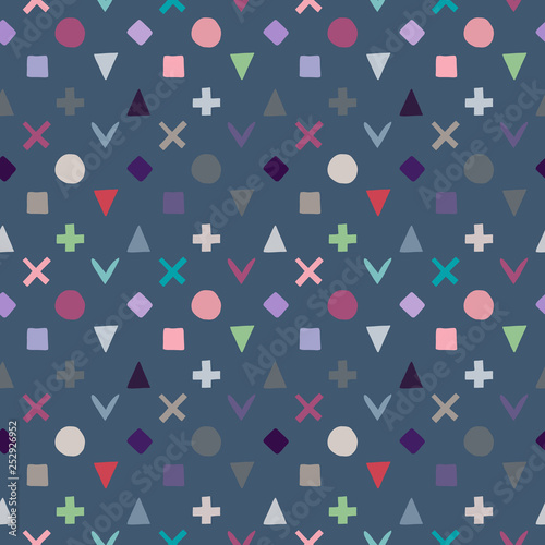 Geometric vector seamless pattern with different geometrical hand drawn childlike elements, forms. Square, triangle, rectangle, dots, circles, heart. Graphic design. Abstract childish background.