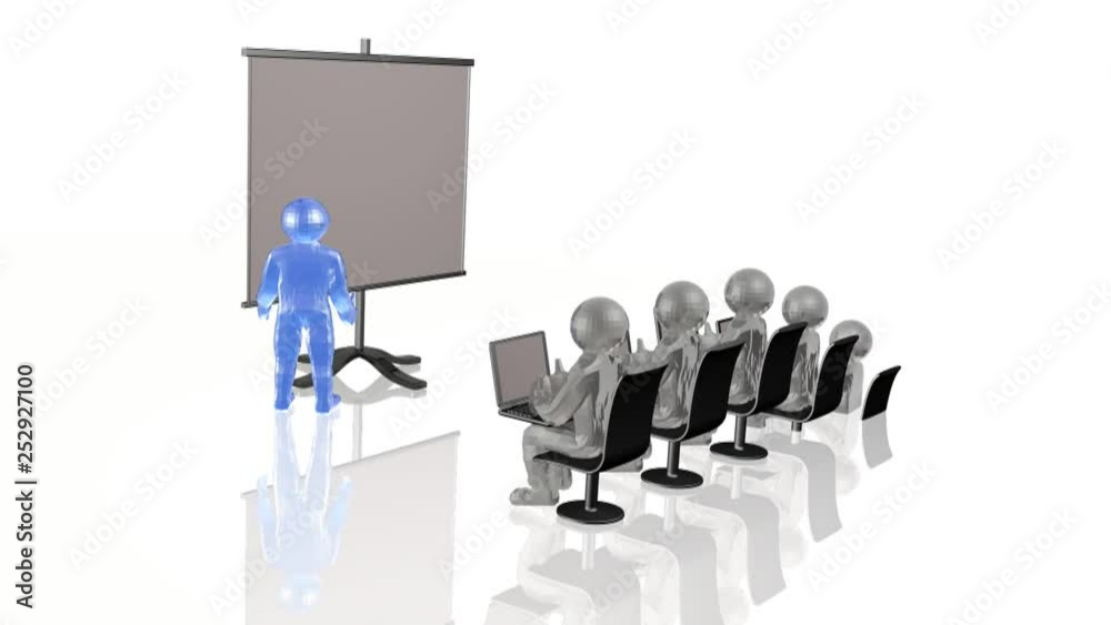 Grey and blue mans with presentation screen.