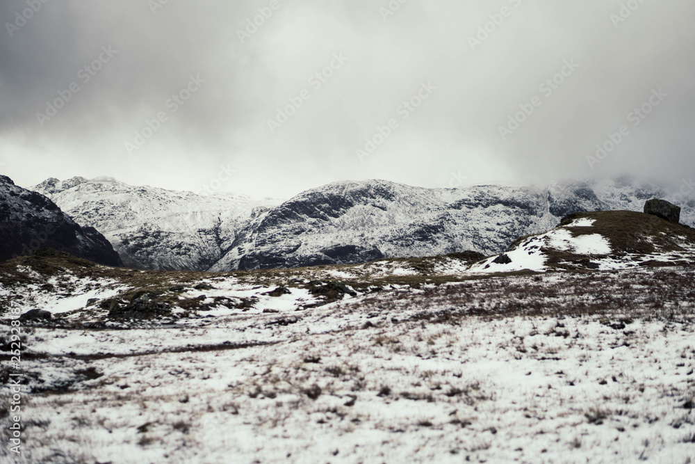 A snowy mountain scene in the Lake District in England