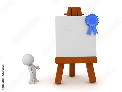 3D Character Looking Up at an Art Easel with Blue Ribbon