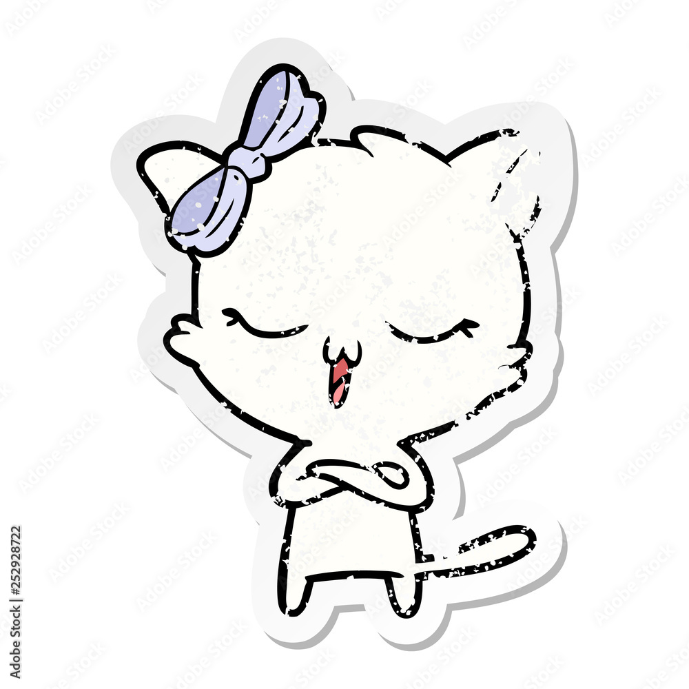 Fototapeta premium distressed sticker of a cartoon cat with bow on head