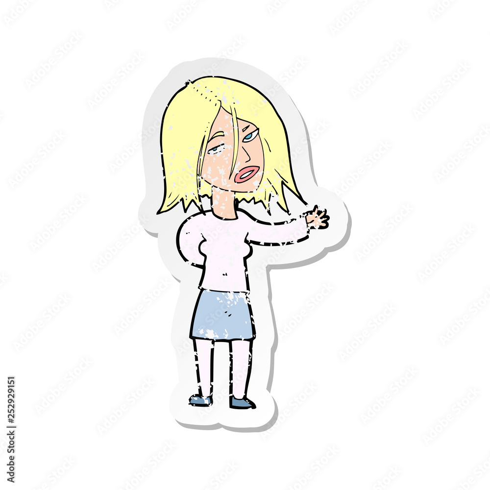 retro distressed sticker of a cartoon unhappy woman retro distressed sticker of a cartoon unhappy woman