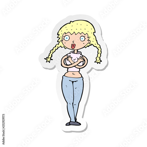 sticker of a cartoon offended woman covering herself