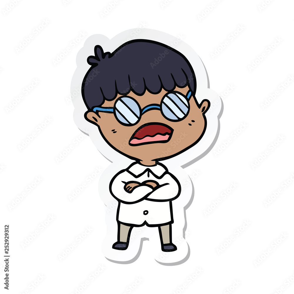 sticker of a cartoon boy with crossed arms wearing spectacles