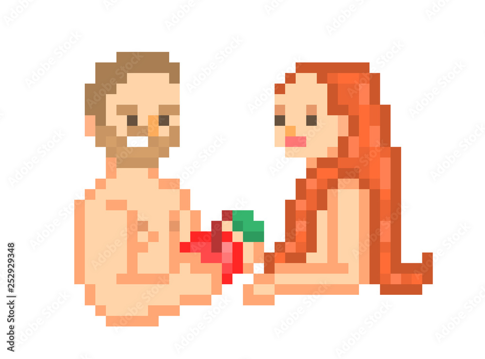 Fototapeta premium Adam and Eve with an apple from the tree of the knowledge of good and evil in the Garden of Eden, 8 bit pixel art biblical story symbol isolated on white background. The fall of man. Original sin.