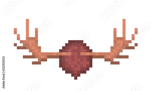 Moose horns, a wall decoration, 8 bit pixel art illustration isolated on white background. Wildlife forest animal symbol. Elk antlers in house interior. Hunting trophy.