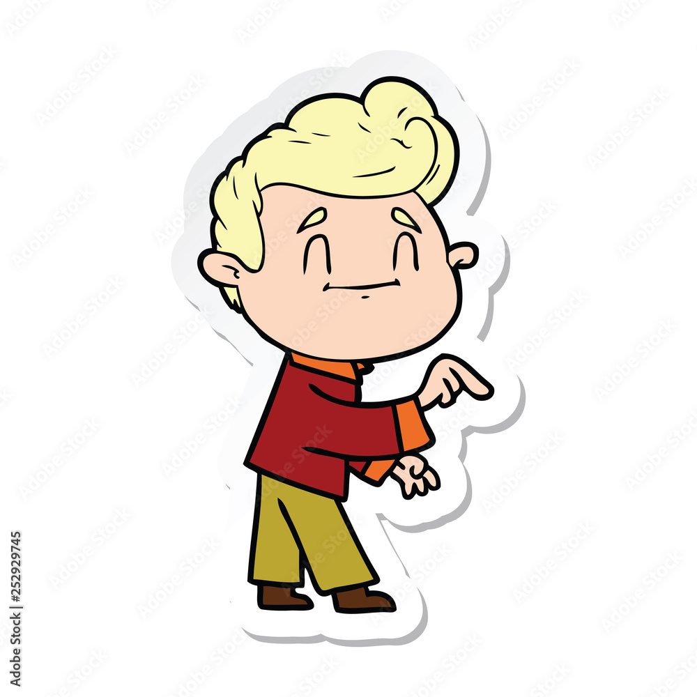 sticker of a happy cartoon man making point sticker of a happy cartoon man making point
