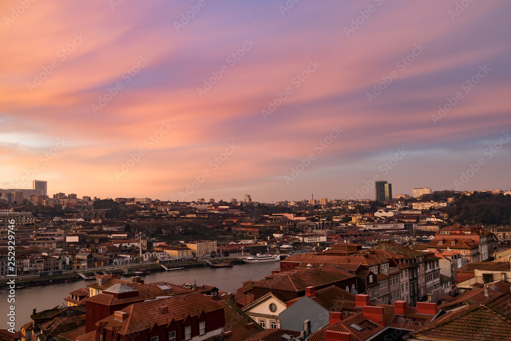 Panoramic view of Old Porto  over Douro river at sunrise, Porto, Portugal
