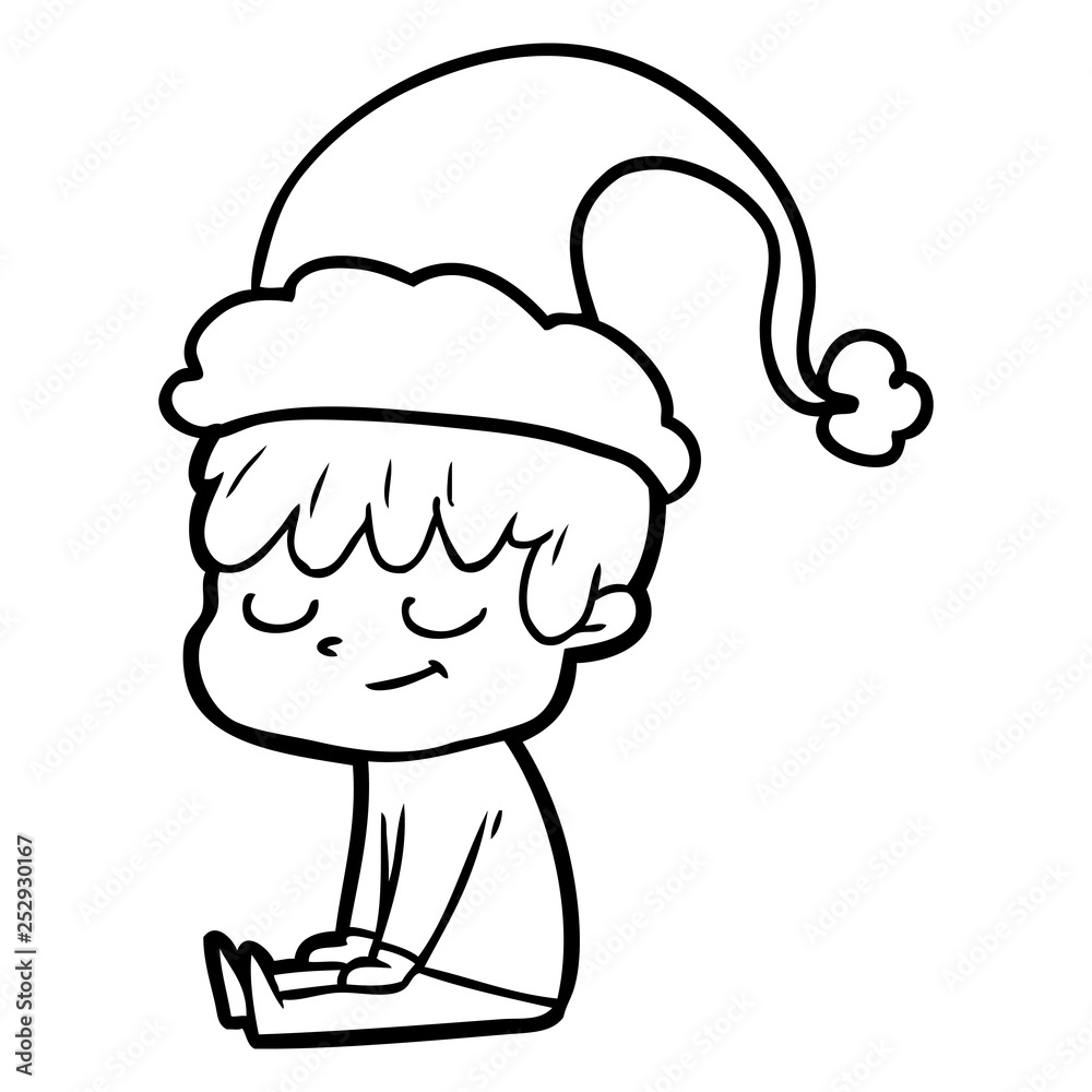 Obraz premium line drawing of a happy boy wearing santa hat