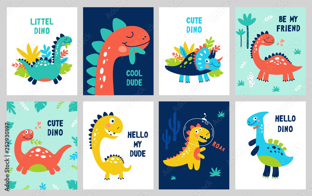 Set baby print with Dino. Can be used for poster, card, banner, flyer. Hand drawn vector