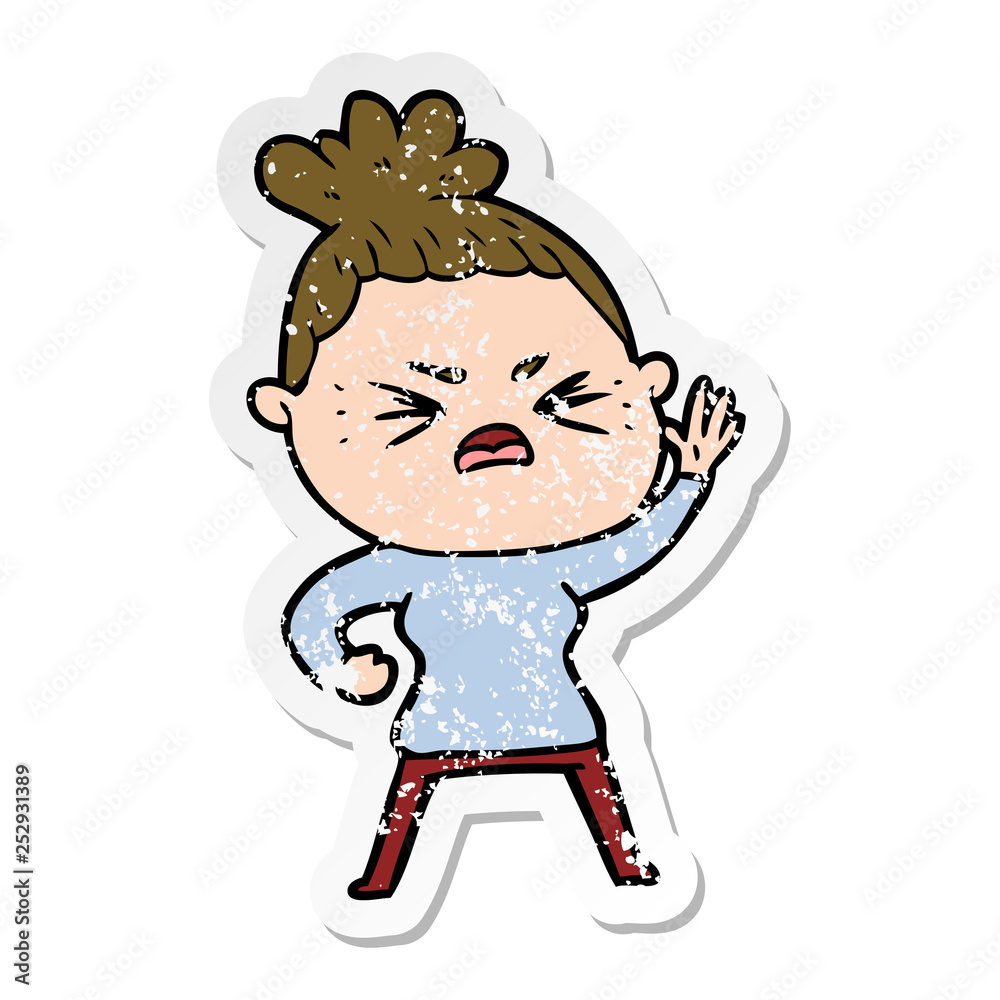 distressed sticker of a cartoon angry woman