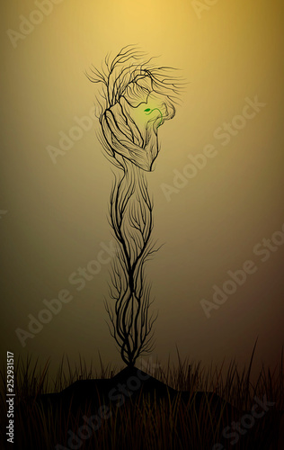 tree silhouette like a woman in the desert, tree looks like a woman holding the last green leaves, drought and tree, dry land idea, tree alive idea,
