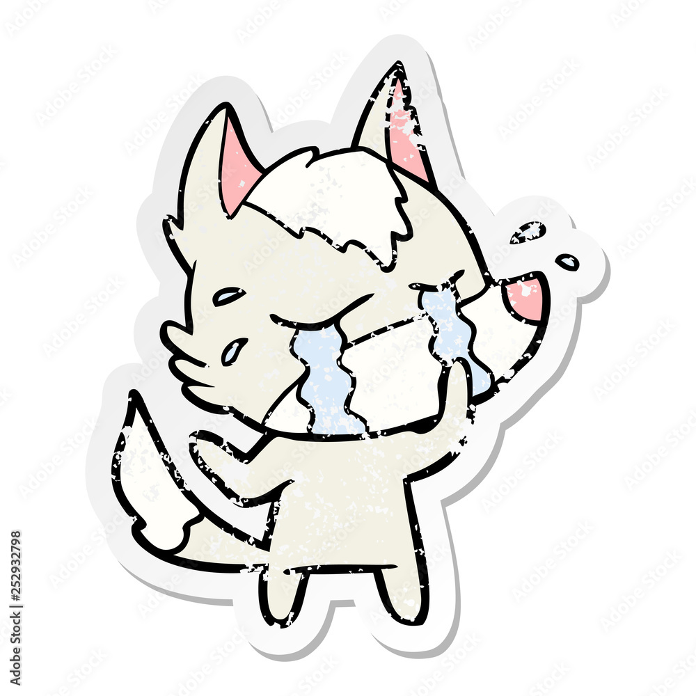 distressed sticker of a cartoon crying wolf distressed sticker of a cartoon crying wolf