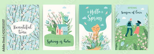 Set of cute illustrations with people and spring nature.