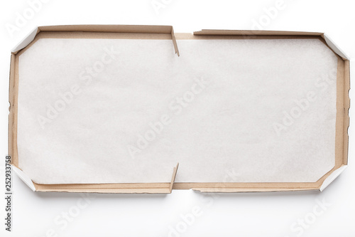 Empty open cardboard pizza box on white background