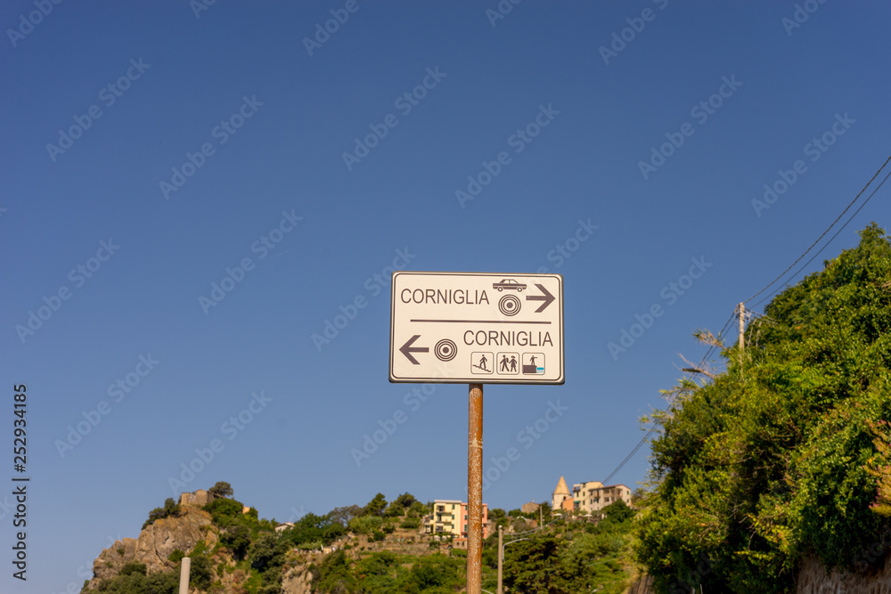 Italy, Cinque Terre, Corniglia, a sign on the side of the street