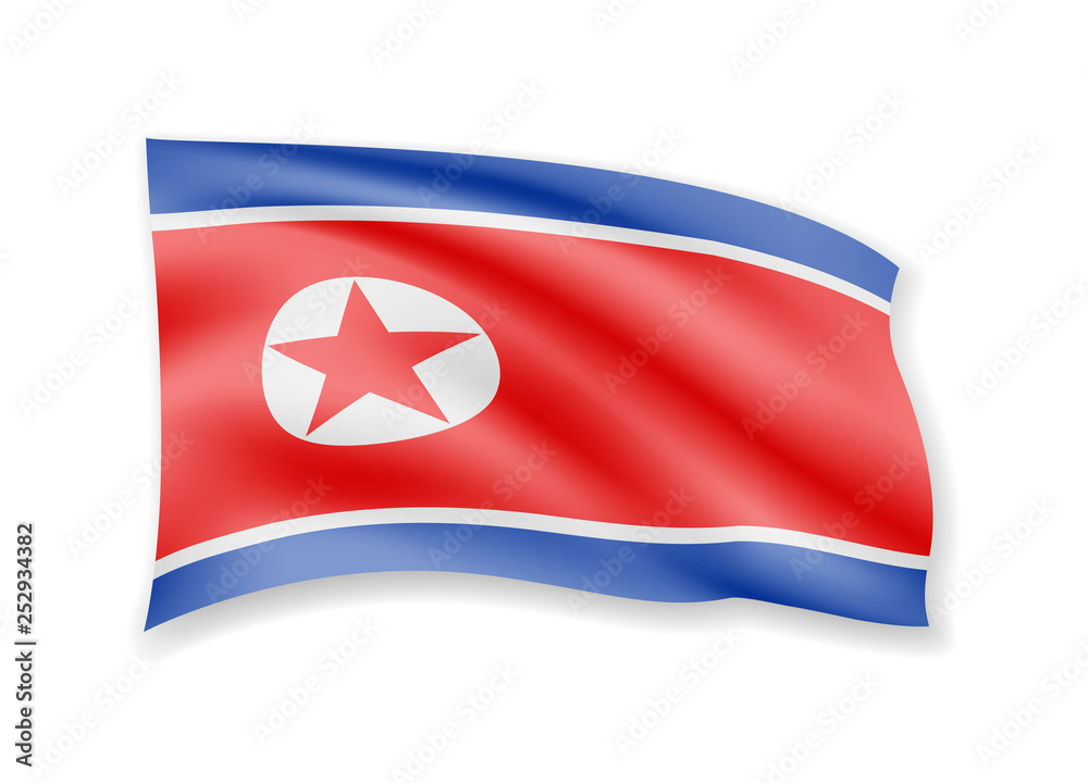 Fototapeta premium Waving North Korea flag on white. Flag in the wind vector illustration.