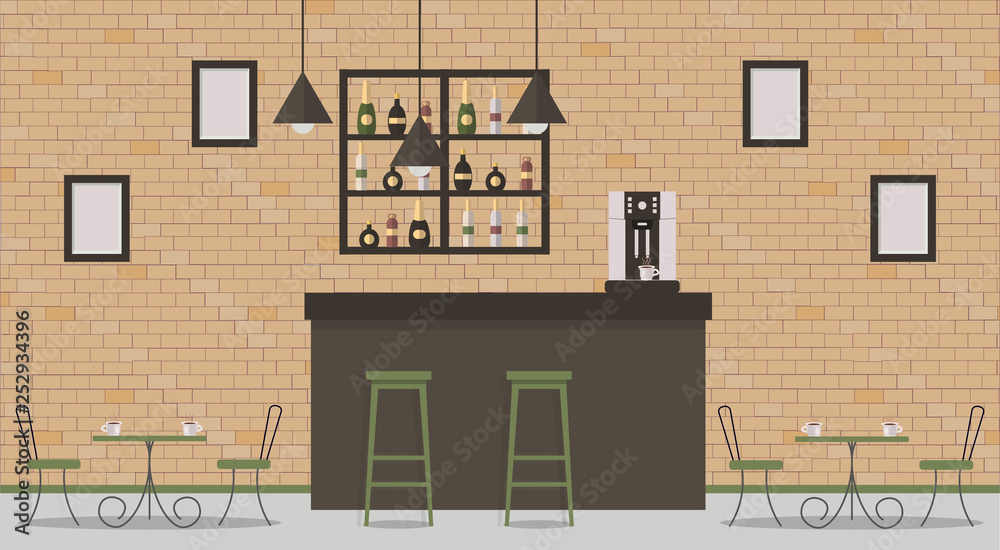 Interior of loft style cafe or bar. Bar counter, tables, different chairs and shelves with alcohol bottles. Coffee-mashine,cup of coffee,hanging lamps and paintings. Vector flat illustration