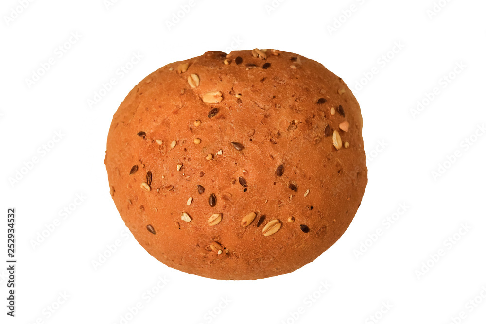 Whole grain bun with black sesame and sunflower seeds on a white background. Isolated Whole grain bun with black sesame and sunflower seeds on a white background. Isolated