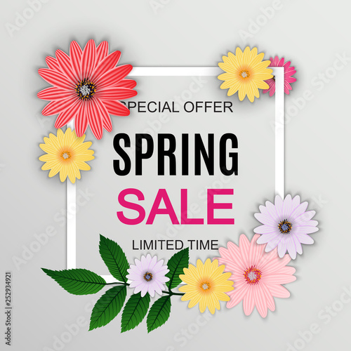 Fototapeta Naklejka Na Ścianę i Meble -  Spring Sale Cute Background with Colorful Flower Elements. Vector Illustration