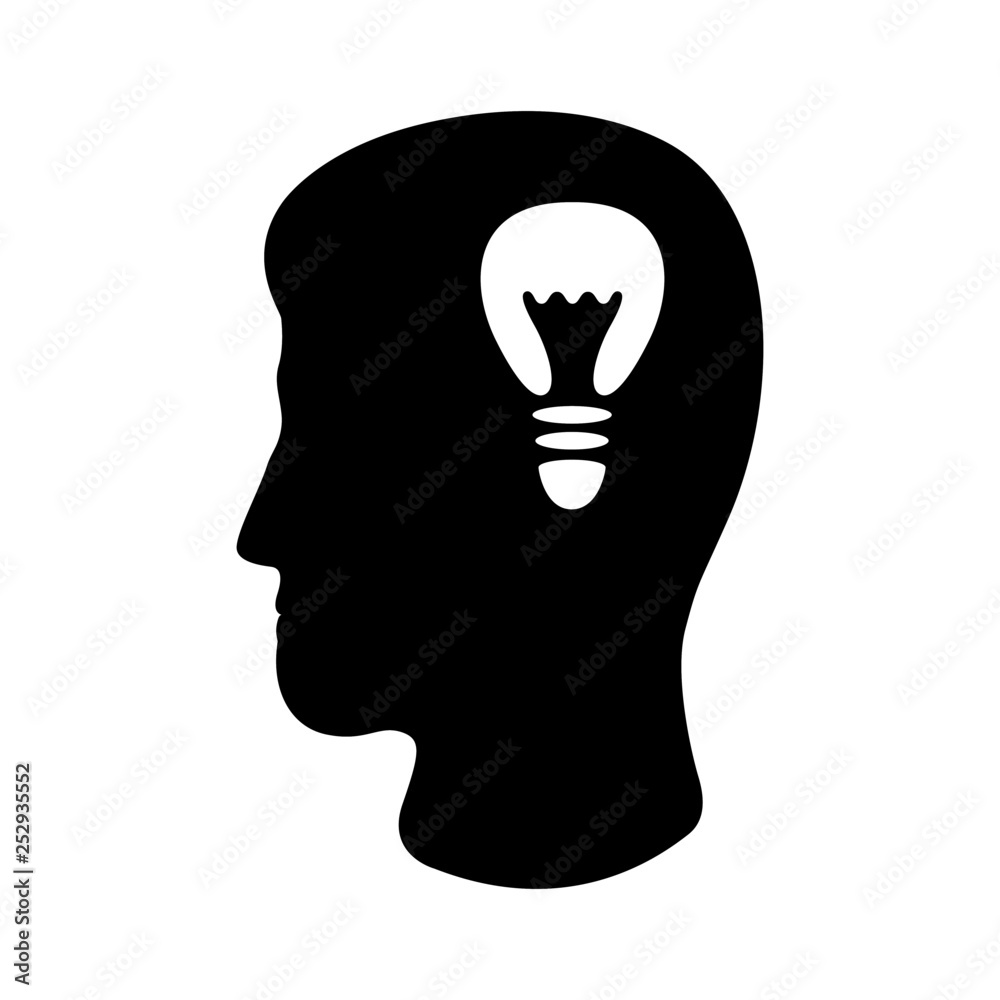 Icon of man's head and bulb. Concept of idea, discovery or intellectual insight. Vector Illustration Icon of man's head and bulb. Concept of idea, discovery or intellectual insight. Vector Illustration