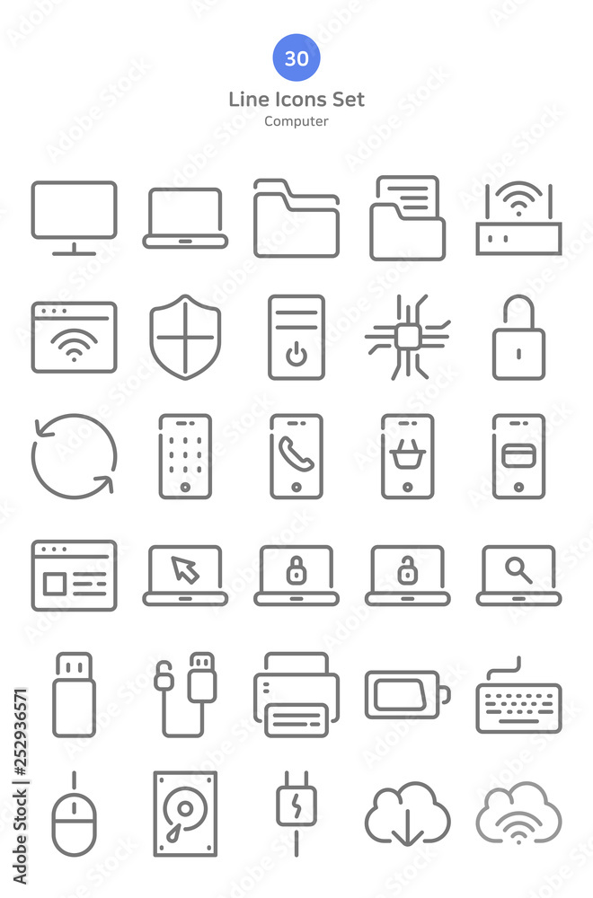 Outline style computer icons set.
