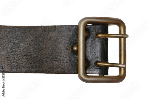 metal buckle and leather men's belt close up on a white background