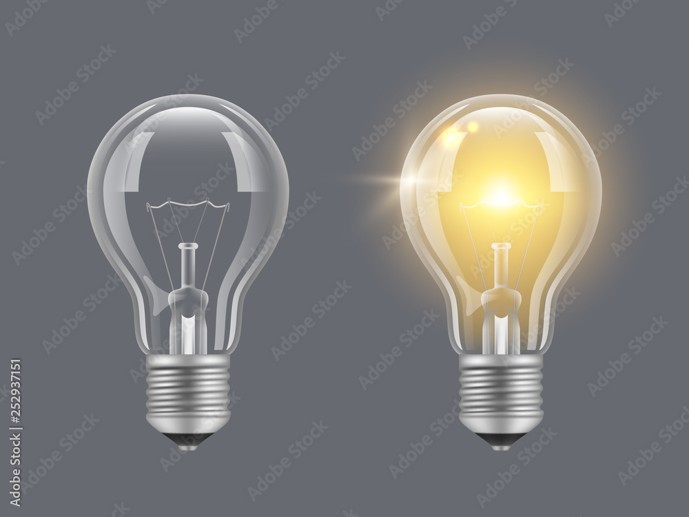 Turn on bulb. Light realistic transparent bulb bright lamp vector pictures. Illustration of lightbulb energy, light and bright - obrazy, fototapety, plakaty 