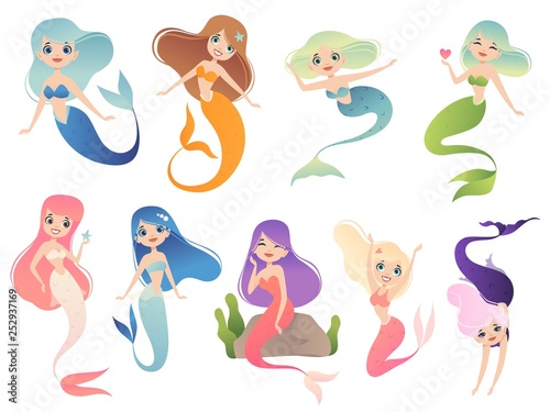 Bags Mermaid characters. Teen swimming mystical phantasy princess underwater woman vector cartoon mascot. Illustration of mermaid character, underwater siren princess Bags Mermaid characters. Teen swimming mystical phantasy princess underwater woman vector cartoon mascot. Illustration of mermaid character, underwater siren princess