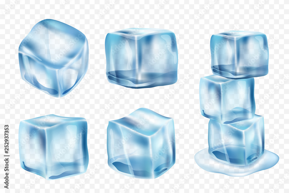 Ice cubes. Freeze water with light reflection and splashes vector realistic ice template. Illustration of ice transparent cube, crystal freeze Ice cubes. Freeze water with light reflection and splashes vector realistic ice template. Illustration of ice transparent cube, crystal freeze