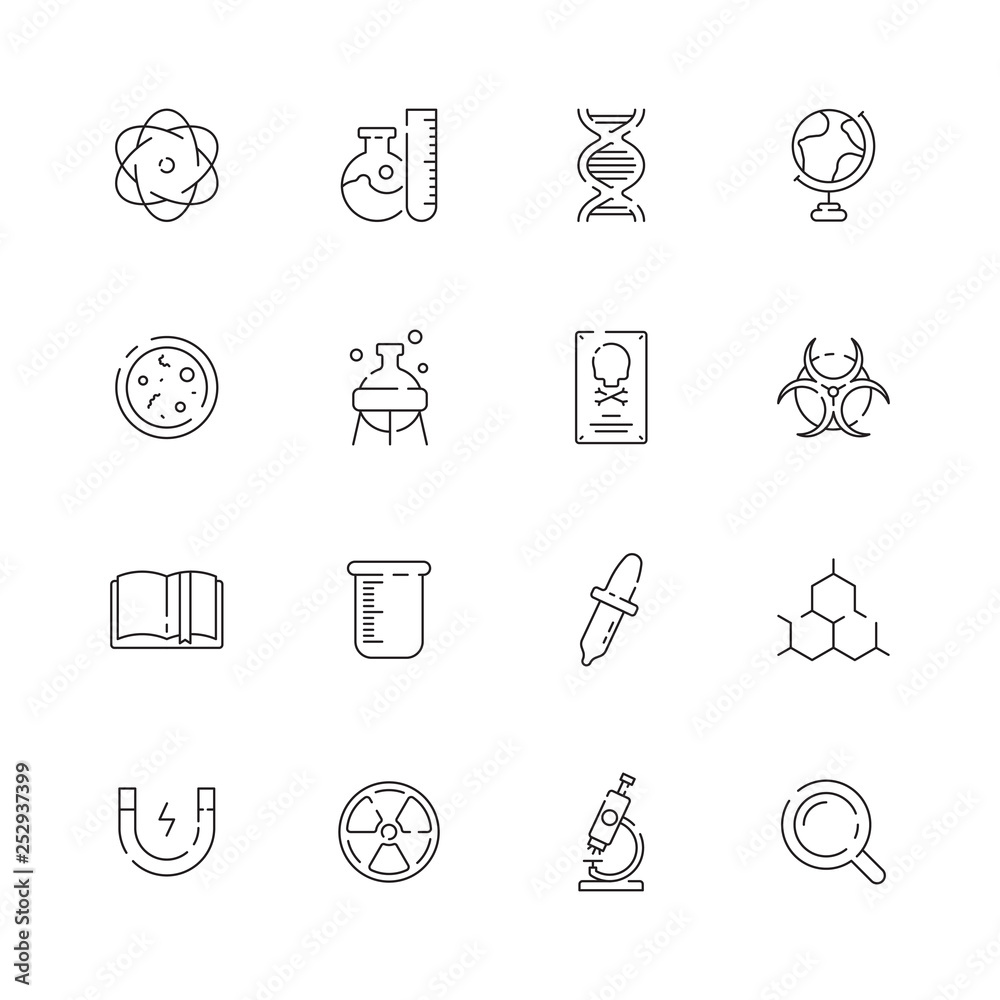 Fototapeta premium Science icon. Chemical laboratory equipment chemicals structure scientific lab vector thin symbols. Illustration of equipment for experiment, magnet and instrument illustration
