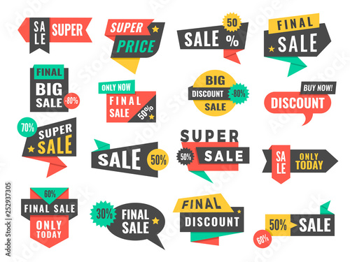 Sale badges. Advertising promo labels offers and big discount vector pictures set. Illustration of special advertising, promotion label for sale