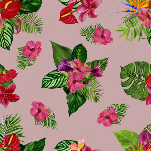 Watercolor illustration. Pattern with tropical flowers and leaves. 
