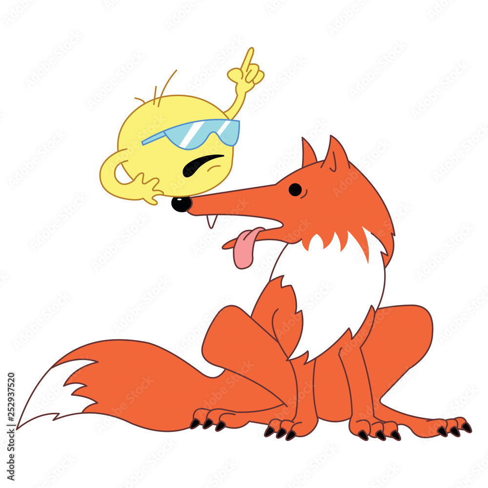 Fairytale red fox sitting and holding on his nose edifying bread bun in sunglasses Fairytale red fox sitting and holding on his nose edifying bread bun in sunglasses