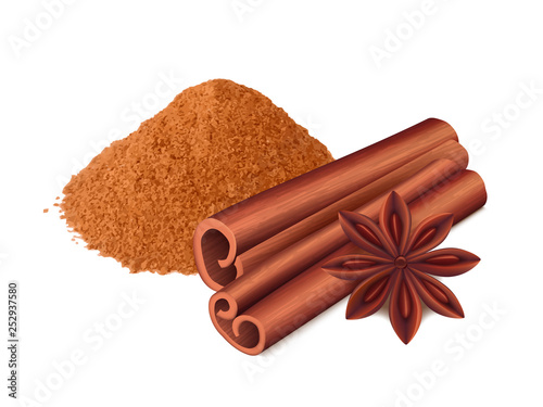 Cinnamon food. Spice sticks and leaf cooking collection aromatic cinnamon vector realistic. Illustration of cinnamon spice, ingredient spicy