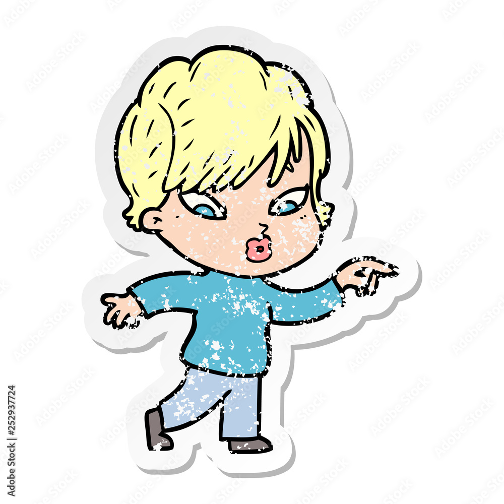distressed sticker of a cartoon woman distressed sticker of a cartoon woman